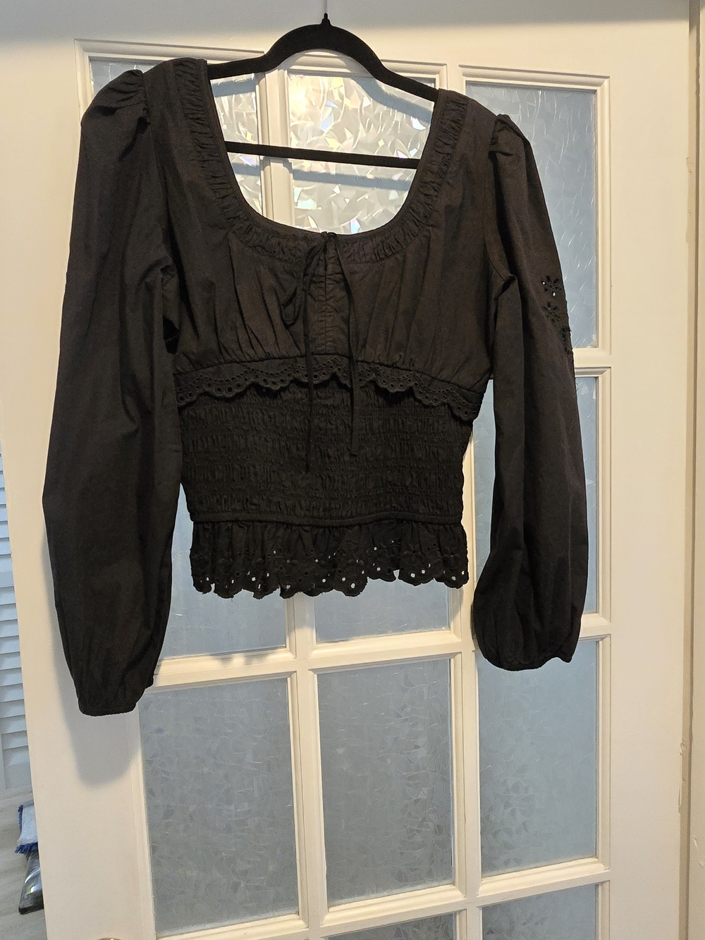 NWT Damson Madder Black Peasant Smocked Long-Sleeve Top - Black